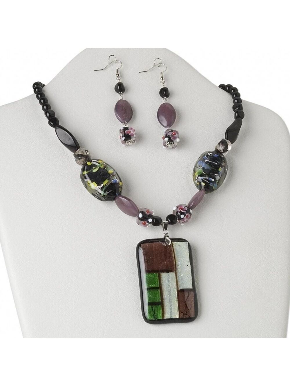 Lampwork Glass Rectangle Pendant Black Green Necklace Earrings Jewelry Set